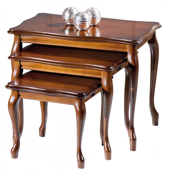 Hochwertiger italienischer Stilmöbel Dreisatztisch / Beistelltisch, nussbaumfarbig gebeizt, H47 x B60 x T40 cm; H38 x B47 x T35 cm; H31 x B35 x T35 cm