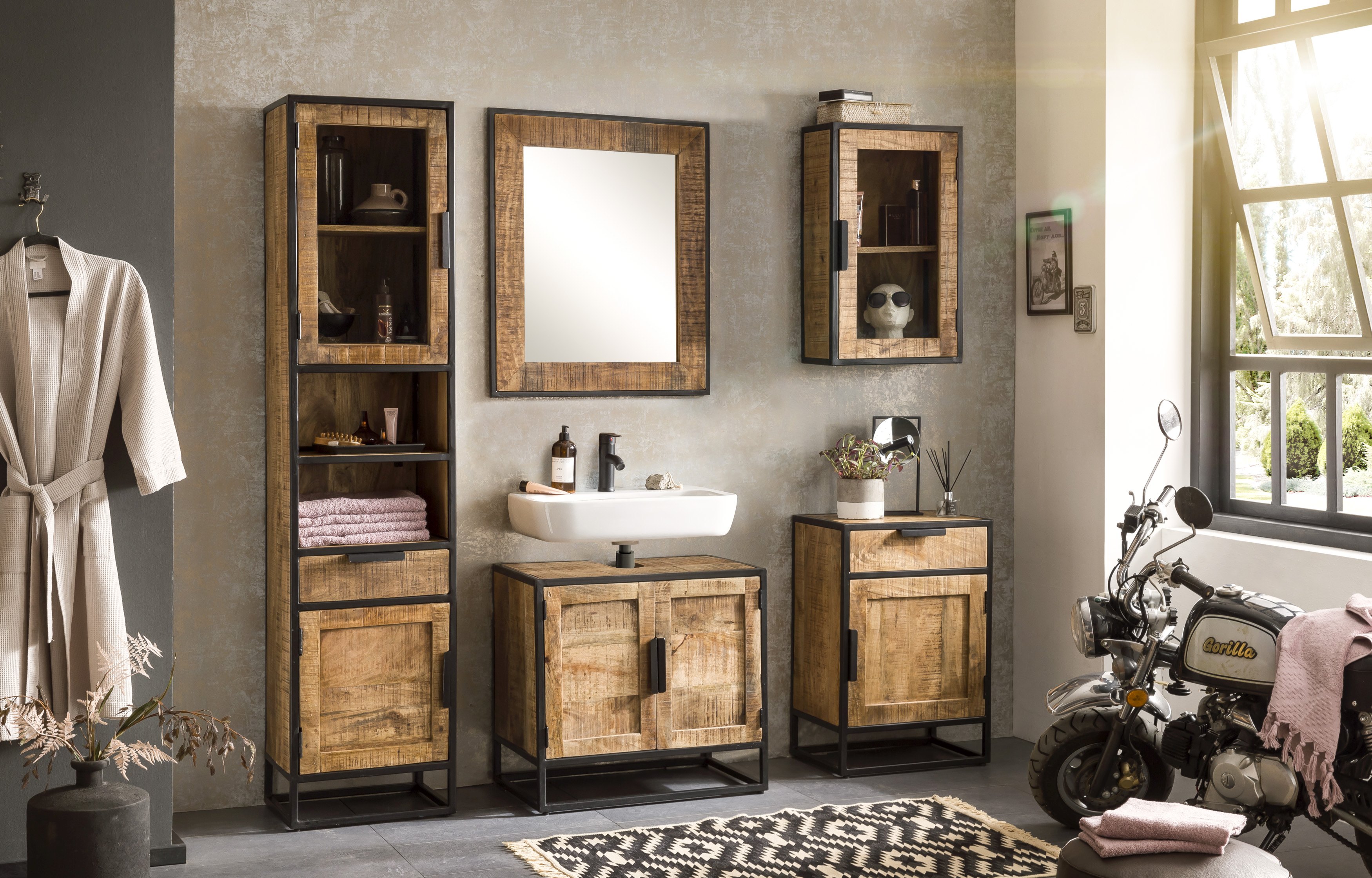 badezimmer möbel im factory design, aus mangoholz + metall, natur, schwarz,  1 hochschrank, 1 unterschrank, 1 spiegel, 1 kleiner schrank, 1