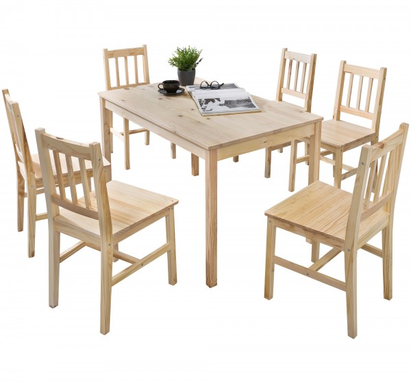Esszimmer-Set, Kiefer-Holz Landhaus-Stil, Natur Essgruppe Tisch Stühle, Tischgruppe Esstischset, Esszimmergarnitur massiv