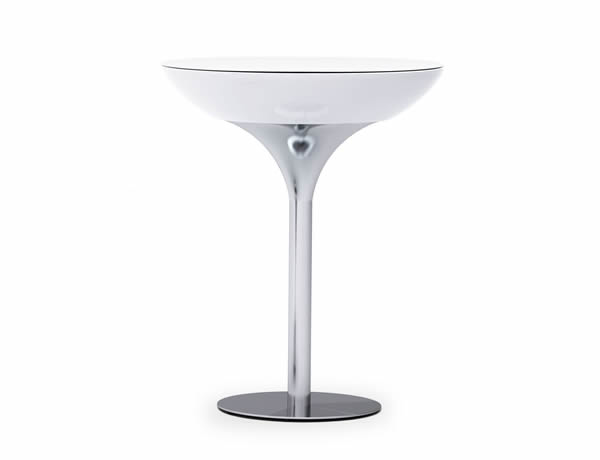 Moree Lounge Stehtisch beleuchtet, Ø 84 cm, H 105 cm, ABS glänzend, weiß transluzent, Aluminium gebürstet, eloxiert, mit E27 (230 V) Energiesparlampe, für Außen