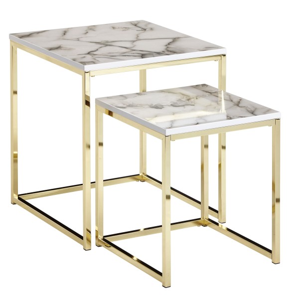 Design Beistelltisch 2er Set Weiß, Marmor Optik Eckig, Couchtisch 2-teilig, Tischgestell Metall Gold