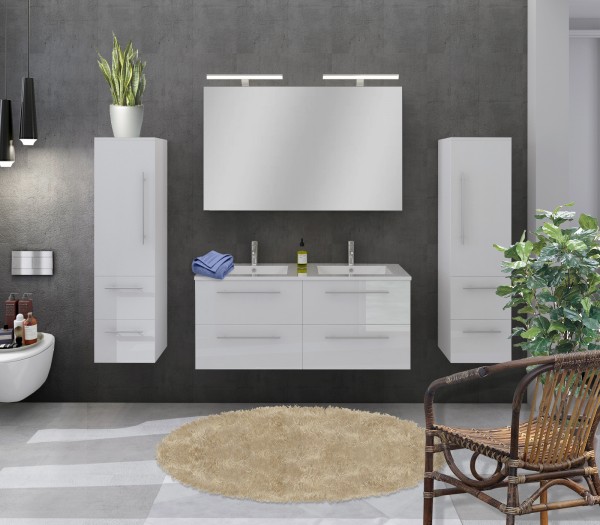 Moderne Badezimmer Einrichtung/Möbel, 4-teiliges Set in weiß hochglanz, 1 Waschbeckenschrank, 2 Hängeschränke, 1 Spiegelschrank mit 2 LED-Aufsätzen, inkl. 2 Waschbecken