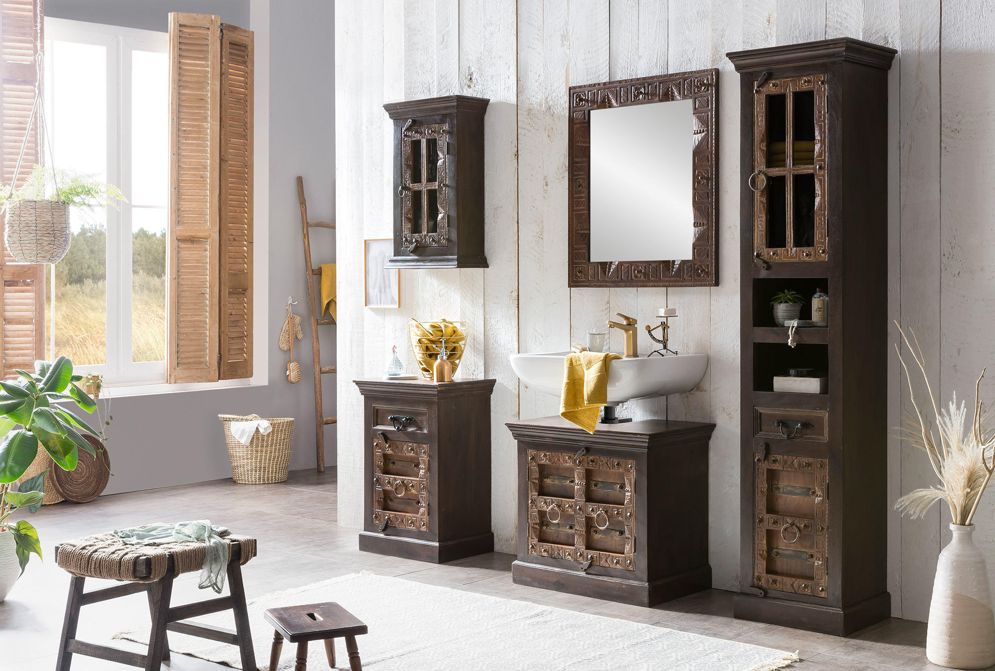 badezimmer möbel im antik-design, aus recyceltem altholz, braun, 1