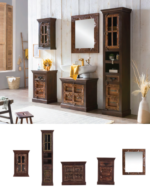 Badezimmer Möbel im Antik-Design, aus recyceltem Altholz, braun, 1 Hochschrank, 1 Unterschrank, 1 Spiegel, 1 kleiner Schrank, 1 Hängeschrank
