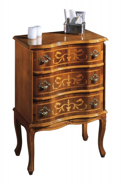 Hochwertige Stilmöbel Kommode, 3 Schubladen, mit handgearbeiteten Intarsien aus Pappelholz, nussbaumfarbig gebeizt, H80 x B58 x T31 cm