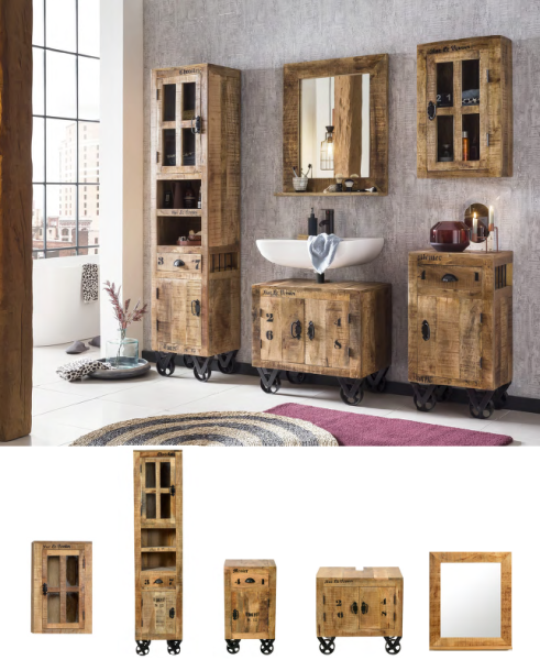 Rustikale Badezimmer Möbel aus lackiertem Mangoholz mit starken Gebrauchsspuren, natur antik mit schwarzen Beschlägen, 1 Hochschrank, 1 Unterschrank, 1 Spiegel, 1 kleiner Schrank, 1 Hängeschrank