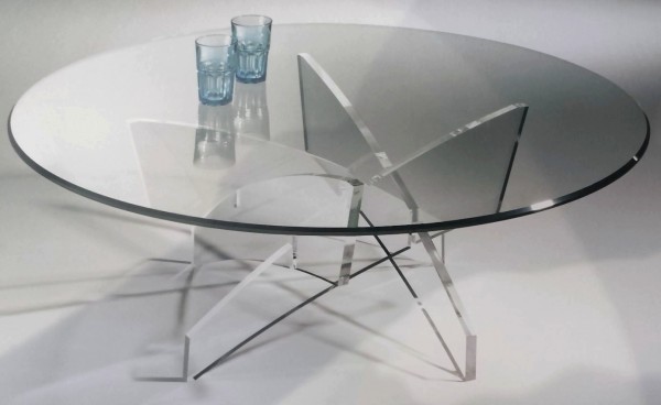 Hochwertiger Designer Couchtisch mit Glasplatte, Glasplatte mit Steilfacette geschliffen 12 mm, Ø 110 cm, H 40 cm, Tischgestell aus 20 mm Acrylglas