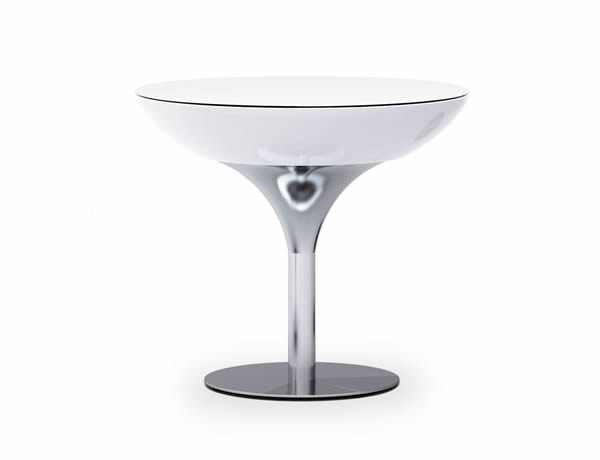 Moree Lounge Tisch, Pro Akku, LED beleuchtet, Ø 84 cm, H 75 cm, ABS glänzend, weiß transluzent, Aluminium gebürstet, eloxiert, mit Vielfarben LED, mit Fernbedienung und Akku, für Innen