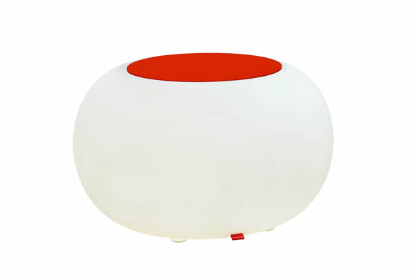 Moree Bubble, LED beleuchteter Sitzhocker, mit orangenem Sitzkissen, Ø 68 cm, H 41 cm, Oberfläche Ø 40 cm, Polyethylen, seidenmatt, weiß, mit E27 (230 V) Vielfarben LED, mit Fernbedienung, für Innen