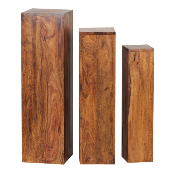 Beistelltisch 3er Set Massivholz, Tische, Holztisch Natur-Produkt, Echtholz Beistelltische Dekosäulen, Drei Holztische Braun, Blumenhocker Holz Modern