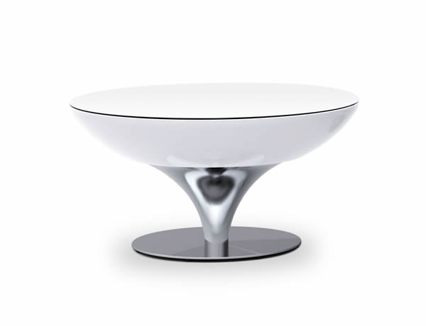 Moree Lounge Tisch / Beistelltisch, inkl. Glasplatte, beleuchtet, Ø 84 cm, H 45 cm, ABS glänzend, weiß transluzent, Aluminium gebürstet, eloxiert, mit E27 (230 V) Energiesparlampe, für Innen