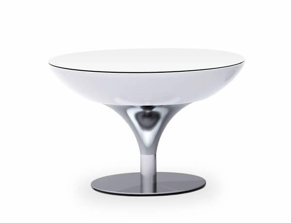 Moree Lounge Tisch / Beistelltisch, inkl. Glasplatte, Pro Akk, LED beleuchtet, Ø 84 cm, H 55 cm, ABS glänzend, weiß transluzent, Aluminium gebürstet, eloxiert, mit Vielfarben LED, mit Fernbedienung und Akku, für Innen