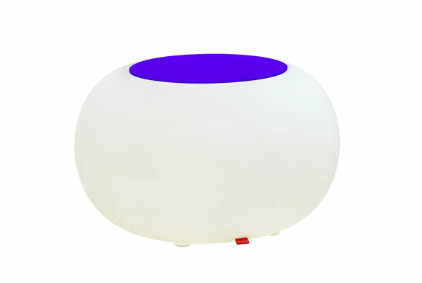 Moree Bubble, LED beleuchteter Sitzhocker, mit violetem Sitzkissen, Ø 68 cm, H 41 cm, Oberfläche Ø 40 cm, Polyethylen, seidenmatt, weiß, mit E27 (230 V) Vielfarben LED, mit Fernbedienung, für Außen