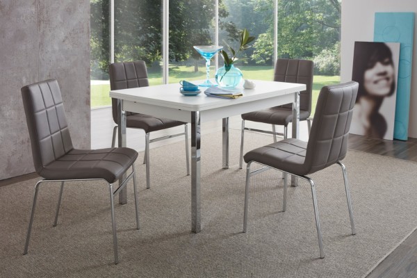 Design Esszimmergruppe, 4 Stühle, 1 Tisch in weiß, mit Auszug, Stühle in lederoptik, verschromte Tischbeine, 5-teilig