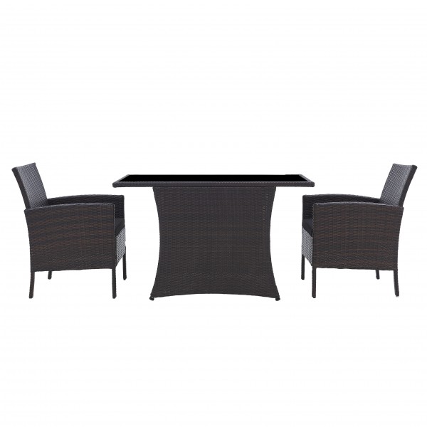 Hochwertige Sitzgruppe aus Polyrattan und gehärtetem Glas, braun, Kissen schwarz, 2 Sessel mit Kissen, 1 Tisch
