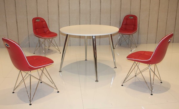 Design Esszimmergruppe, 4 Stühle in verschiedenen Farben, Rundtisch in weiß, Tischbeine verchromt, ergonomische Schalenstühle, 5-teilig