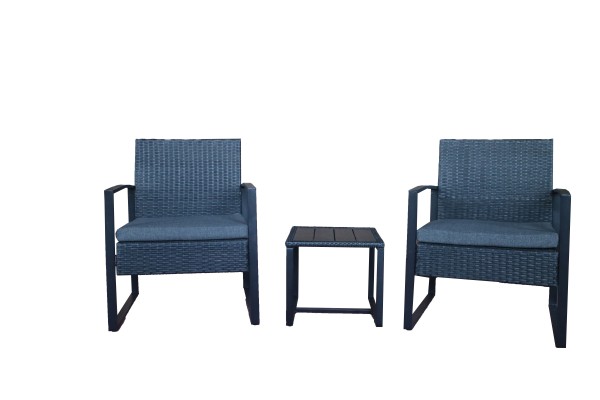 Hochwertige Sitzgruppe aus Polyrattan, Metall und Polywood, anthrazit, Kissen grau, 2 Stühle mit Kissen, 1 Beistelltisch