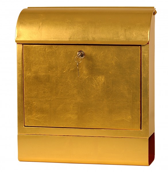 Exklusiver Design-Briefkasten mit Zeitungsrolle, Stahlblech mit 24 Karat Blattgold, Handarbeit, B38 x H45 x T12 cm