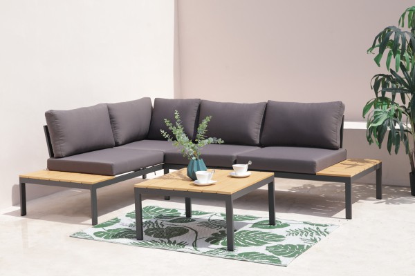 Moderne Sitzgruppe aus Stahl, Polyholz + Polyester, grau, natur, schwarz, Ecksofa, 1 Couchtisch, 4 Sitzkissen, 5 Rückenkissen