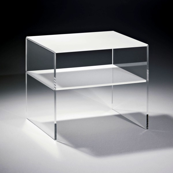 Hochwertiger Acryl-Glas Beistelltisch mit 1 Fach, Tischplatte und Unterboden weiß, Seiten klar, Acryl-Glas-Stärke 8 mm