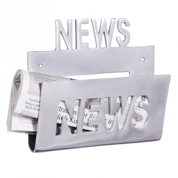 Zeitungshalter / Wanhalter für Zeitschriften als Unikat aus Aluminium, Handarbeit, silber, Schriftzug: "News"