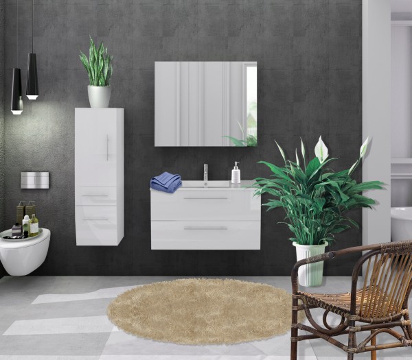 Moderne Badezimmer Einrichtung/Möbel, 3-teiliges Set in weiß hochglanz, 1 Waschbeckenschrank, 1 Hängeschrank, 1 Spiegelschrank, inkl. Waschbecken