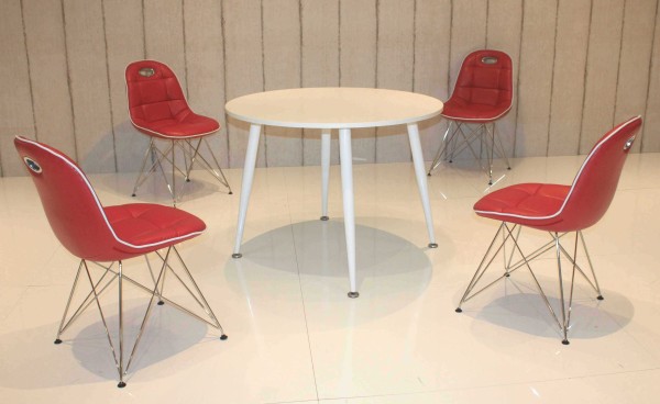 Design Esszimmergruppe, 4 Stühle in verschiedenen Farben, Rundtisch in verschiedenen Farben, Tischbeine weiß, ergonomische Schalenstühle, 5-teilig