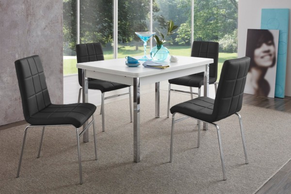 Design Esszimmergruppe, 4 Stühle, 1 Tisch in weiß, mit Auszug, Stühle in lederoptik, verschromte Tischbeine, 5-teilig