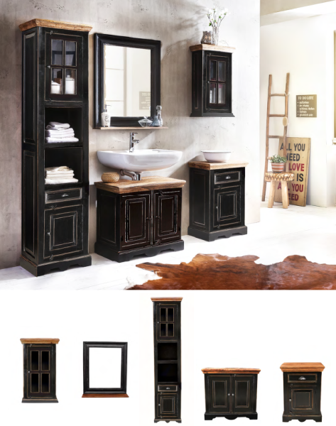 Badezimmer Möbel im Landhaus Stil, aus Mangoholz + MDF, schwarz mit honigfarbiger Deckplatte, 1 Hochschrank, 1 Unterschrank, 1 Spiegel, 1 kleiner Schrank, 1 Hängeschrank