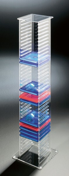 Hochwertiger Acryl-Glas CD DVD Ständer / CD DVD Regal, klar, 20 x 20 cm, H 101 cm, Acryl-Stärke 6 / 4 mm