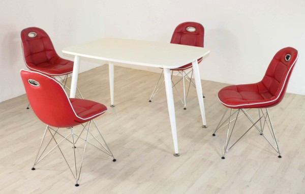 Design Esszimmergruppe, 4 Stühle in verschiedenen Farben, Vierfußtisch in verschiedenen Farben, Tischbeine weiß, ergonomische Schalenstühle, 5-teilig