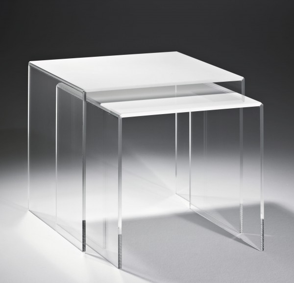 Hochwertiger Acryl-Glas-Glas Zweisatztisch, klar / weiß, 40 x 33 cm, H 36 cm und 33 x 33 cm, H 33 cm, Acryl-Glas-Glas-Stärke 8 mm
