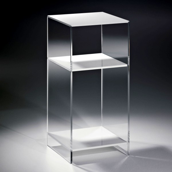 Hochwertiges Acryl-Glas Standregal, Konsole mit 2 Fächern, Regalböden weiß, Seiten klar