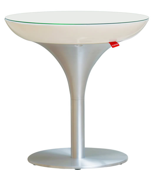 Moree Lounge Beistelltisch, S, beleuchtet, Ø 50 cm, H 50 cm, mit Glasplatte, ABS glänzend, weiß transzulent, Aluminium gebürstet, transparent beschichtet, mit E27 (230 V) Leuchtmittel (Standard- oder Energiesparlampe), für Innen