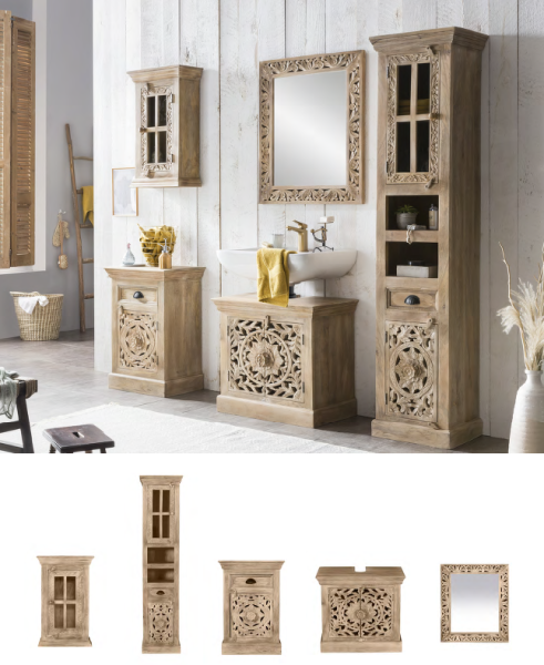 Rustikale Badezimmer Möbel aus Mangoholz, natur, 1 Hochschrank, 1 Unterschrank, 1 Spiegel, 1 kleiner Schrank, 1 Hängeschrank