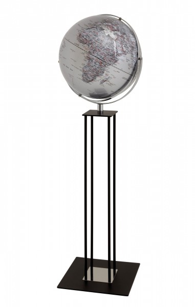 Moderner Standglobus / Weltkugel mit Reliefkarte, aus Metall, verchromt, Kunststoff und Holz, Ø42,5 x H135 cm