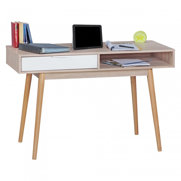 Stilvoller Schreibtisch / Bürotisch, Sonoma Eiche / weiß, mit Schublade und Ablagefach