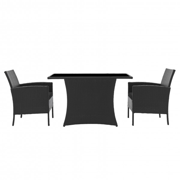 Hochwertige Sitzgruppe aus Polyrattan und gehärtetem Glas, schwarz, 2 Sessel mit Kissen, 1 Tisch
