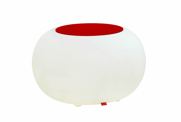 Moree Bubble, LED beleuchteter Sitzhocker, mit rotem Sitzkissen, Ø 68 cm, H 41 cm, Oberfläche Ø 40 cm, Polyethylen, seidenmatt, weiß, mit E27 (230 V) Vielfarben LED, mit Fernbedienung, für Innen