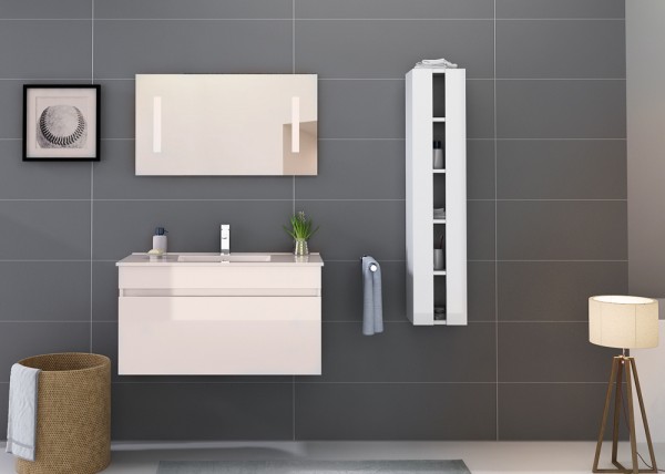 Moderne Badezimmer Einrichtung/Möbel, 3-teiliges Set in weiß hochglanz, 1 Waschbeckenschrank, 1 Hängeschrank, 1 Spiegel, inkl. Waschbecken