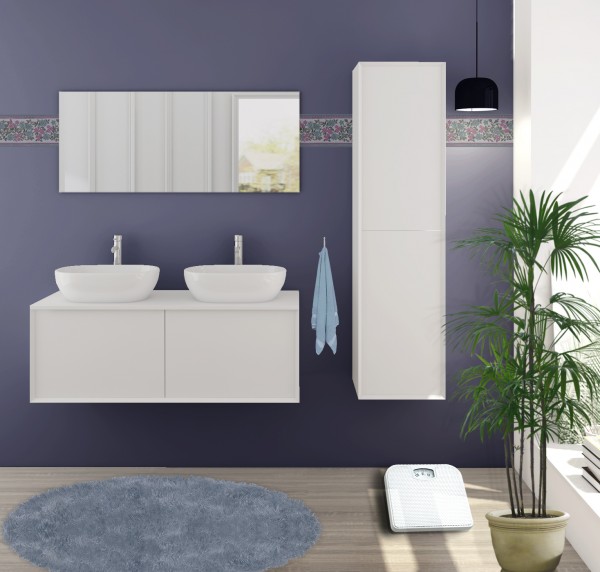 Moderne Badezimmer Einrichtung/Möbel, 3-teiliges Set in weiß hochglanz, 1 Waschbeckenschrank, 1 Hängeschrank, 1 Spiegel, inkl. 2 Waschbecken