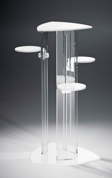 Hochwertige Acryl-Glas Blumensäule mit 4 Ablageflächen, Ablagen und Standfuß weiß, Säulen klar, 40 x 40 cm, H 92 cm, Acryl-Glas-Stärke 8 / 10 mm
