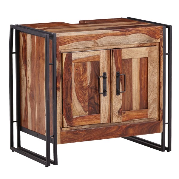 Waschbeckenunterschrank mit 2 Türen, aus Sheesham Massivholz, 68x63x42 cm
