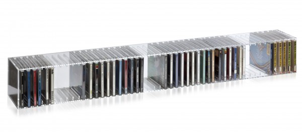 Hochwertiger Acryl-Glas CD BLU-Ray Ständer / Wandregal mit Rückwand und Unterteilungen, transparent, B101 x T14 cm, H 14 cm, Acryl-Glas-Stärke 4 mm