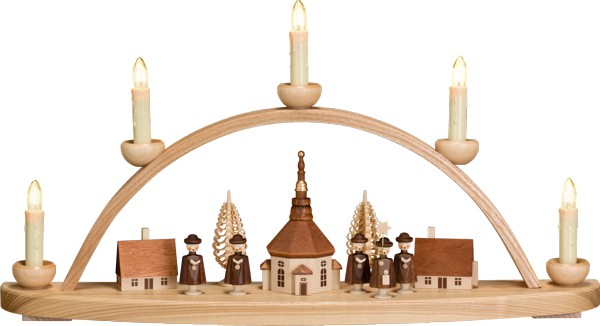 Leuchterbogen / Kerzenhalter "Seiffener Dorf", aus Holz, natur/braun, Breite 50 cm