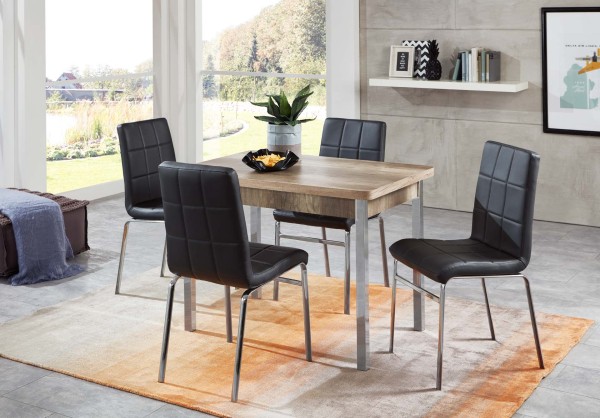 Design Esszimmergruppe, 4 Stühle, 1 Tisch in Monument Oak, mit Auszug, Stühle in lederoptik, verschromte Tischbeine, 5-teilig