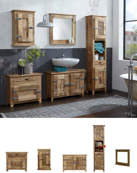 Rustikale Badezimmer Möbel aus massivem Mangoholz, lackiert, natur-farbend, 1 Hochschrank, 1 Unterschrank, 1 Spiegel, 1 kleiner Schrank, 1 Hängeschrank
