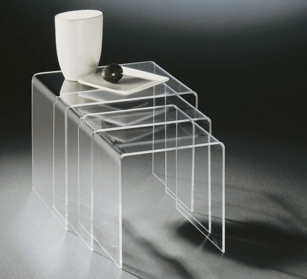 Hochwertiger Acryl-Glas Dreisatztisch, klar, 40 x 33 cm, H 35 cm und 35 x 33 cm, H 33 cm und 30 x 33 cm, H 30 cm