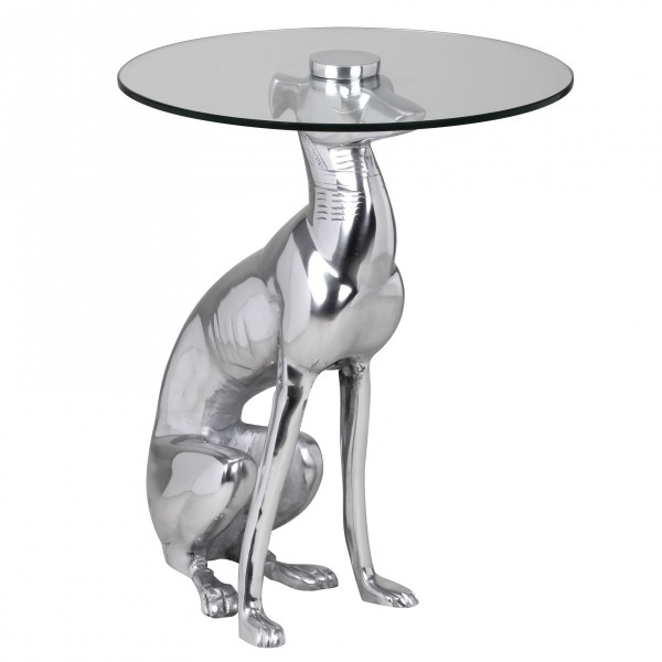 Design Deko Beistelltisch, Figur "Windhund" aus Aluminium, Silber, Anstelltisch mit Glasplatte