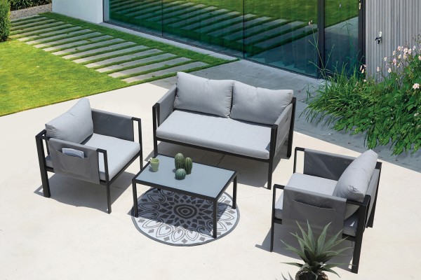 Moderne Sitzgruppe aus Stahl, Glas + PE/PP, grau, schwarz, 2-Sitzer + 2 Sessel, 1 Couchtisch, Sitz- + Rückenkissen